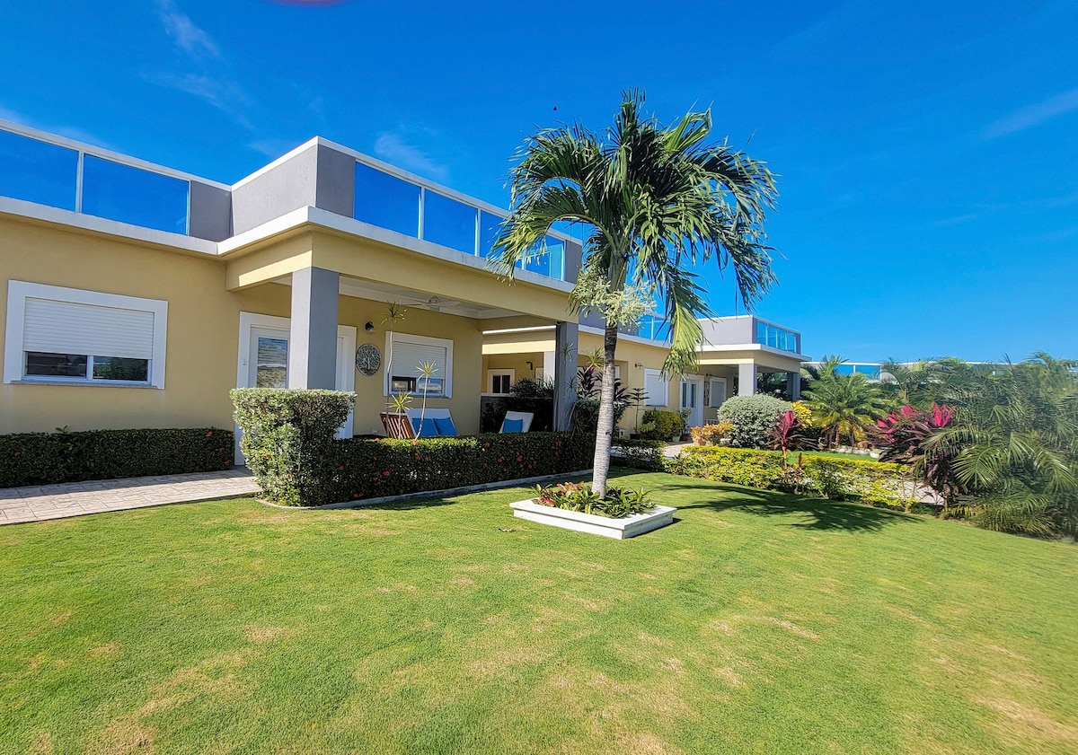 A well-maintained outdoor space features a lush green lawn, complemented by neatly trimmed hedges and vibrant tropical plants. The villa’s modern exterior is accentuated by large windows and a rooftop terrace. Sunlight illuminates the area, contributing to a welcoming environment.