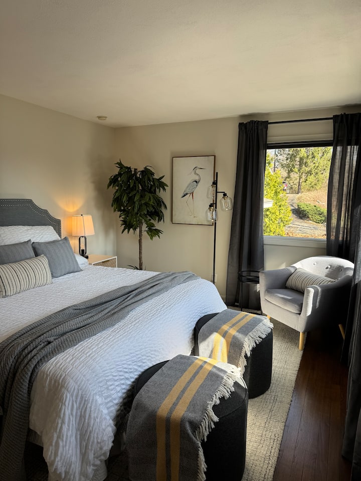 Spálňa s manželskou posteľou King a veľkým šatníkom a viacerými oknami s výhľadom na rybník oproti ulici