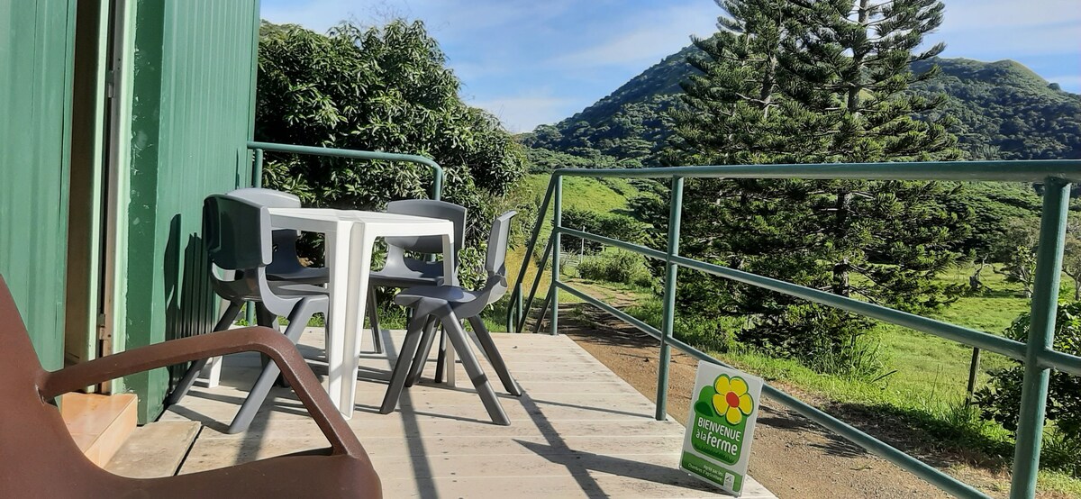 A deck area is presented, featuring a small white table and four chairs, set against a backdrop of lush greenery and rolling hills. A sign indicating 'Bienvenue à la Ferme' is visible at the base of the railing. Sunlight is observed illuminating the space.