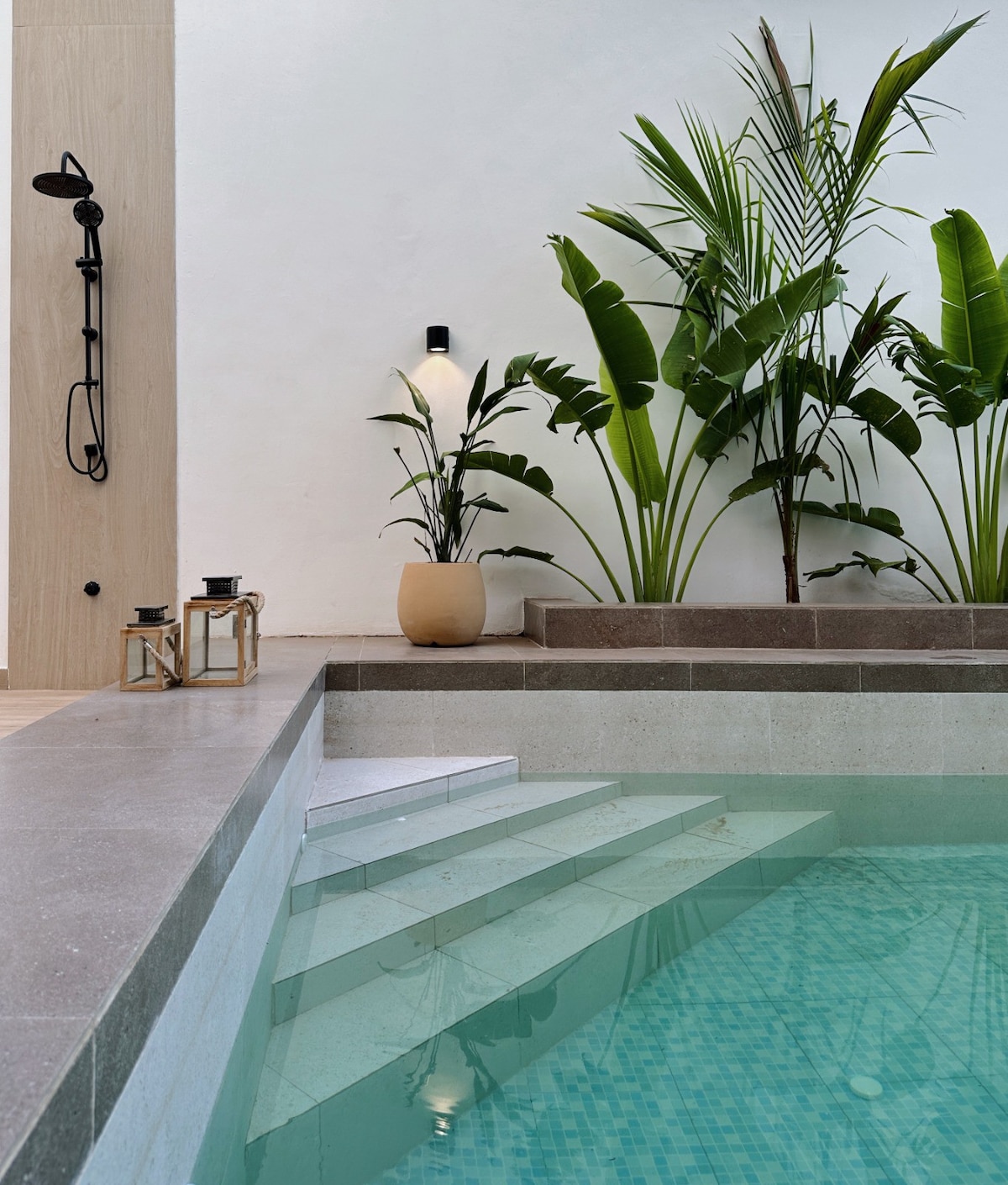 A refreshing pool area is highlighted with steps leading down into clear water. Lush green plants are positioned beside the pool, adding a touch of nature. Soft lighting fixtures are installed on the wall, providing subtle illumination.