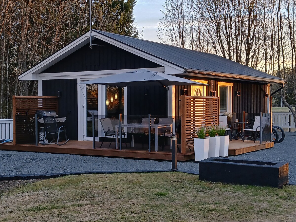 A modern cabin exterior is displayed, featuring a spacious wooden deck with a dining area and a gas grill. The building highlights large glass doors and windows, allowing natural light to illuminate the interior. A landscaped area with planters adds a touch of greenery.