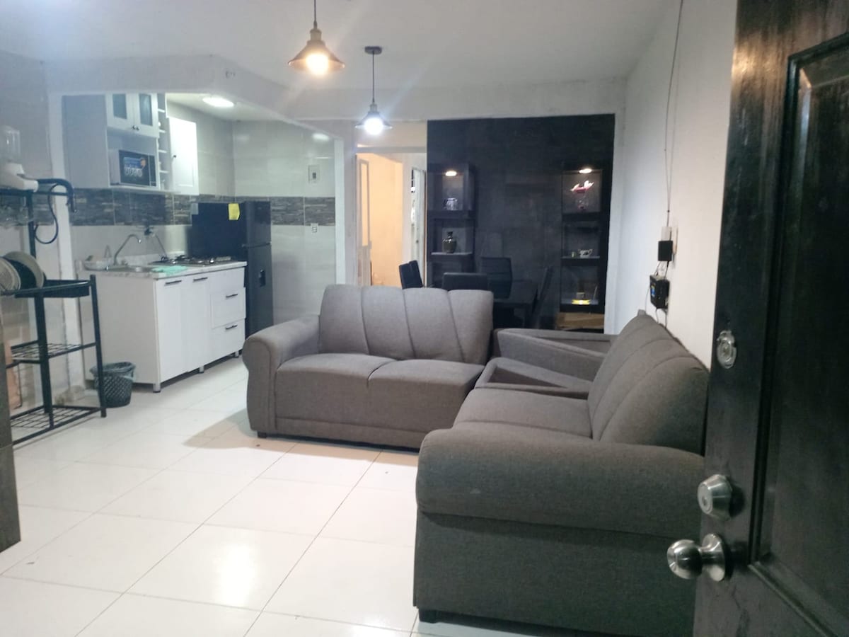 A comfortable living area is presented with a gray, sectional sofa and a glass coffee table. Behind it, a dining table is visible, accompanied by a black dining chair. The open kitchen area includes modern appliances and cabinets, enhancing the multifunctional space.