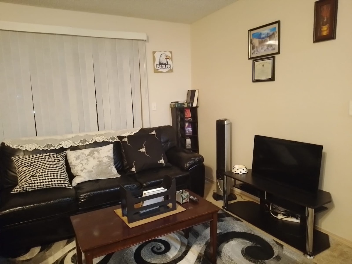 A living room is presented with a comfortable dark leather couch adorned with decorative pillows. A wooden coffee table sits in front, accompanied by a sleek black entertainment unit displaying a television. A patterned rug and vertical blinds allow natural light to enter the space.