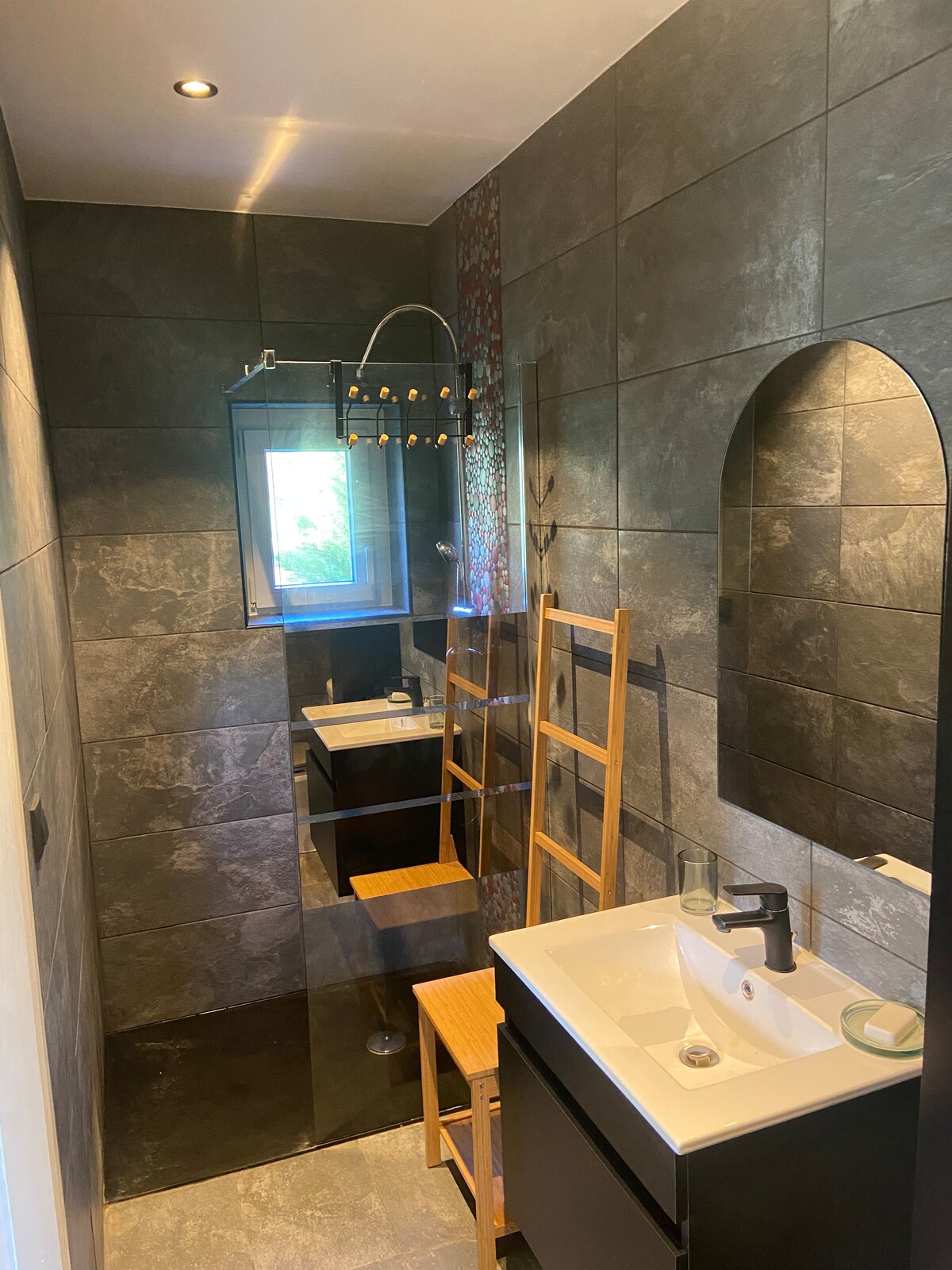 A modern bathroom is presented, featuring sleek dark tile walls and floor. A glass shower with a minimalist showerhead is visible beside a wooden ladder. A compact sink is situated beneath a large mirror, with natural light filtering in from a nearby window.