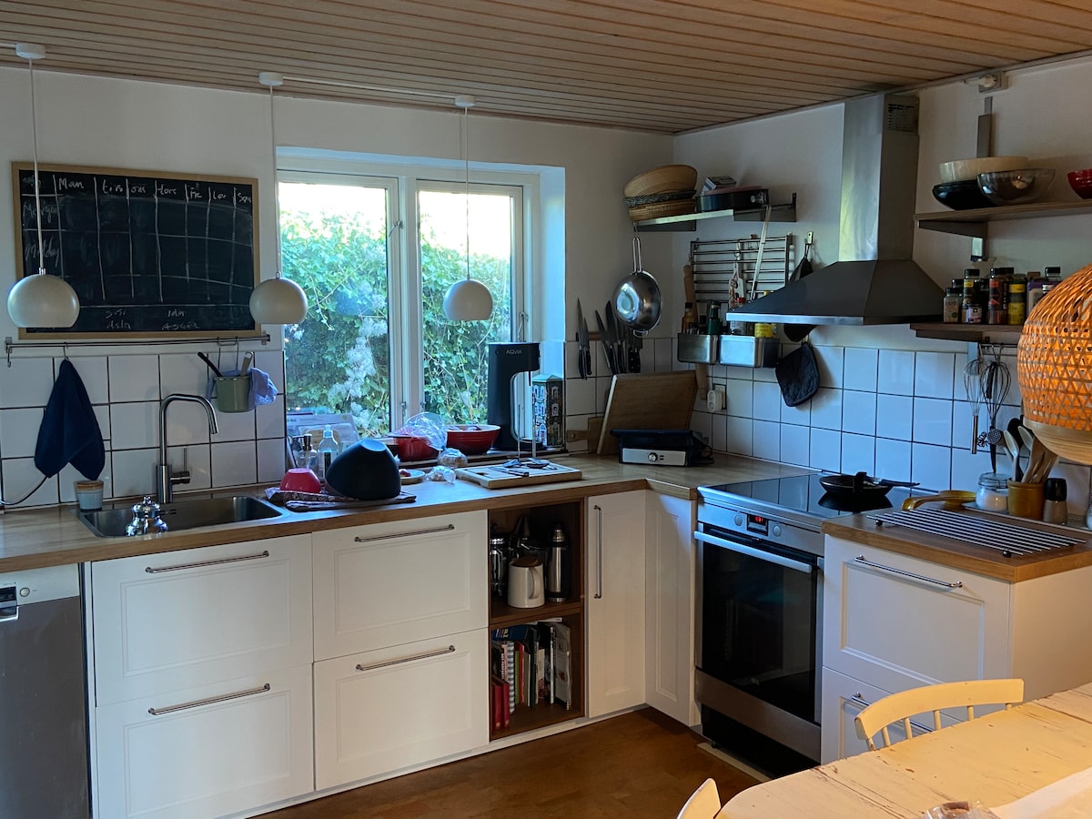 A functional kitchen is equipped with modern appliances and ample counter space. Natural light enters through a window, highlighting open shelves with kitchenware. A chalkboard for notes hangs on the wall, while various utensils and condiments are organized on nearby racks.