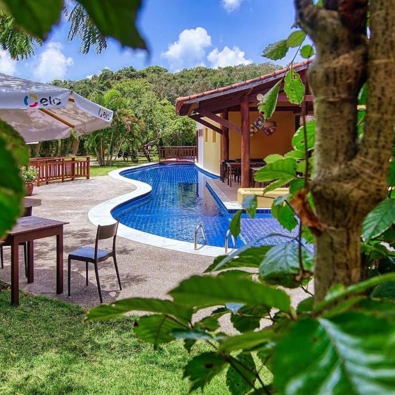 A swimming pool curves invitingly through a lush green landscape. Sun loungers and patio furniture are positioned nearby under an umbrella. The area is framed by foliage, offering a sense of privacy and connection with nature.