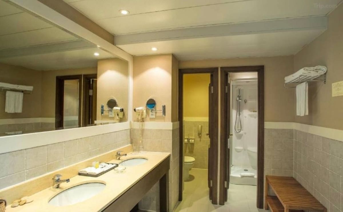 A bathroom is presented with dual sinks set in a stone countertop. A large mirror reflects soft overhead lighting. To the side, a separate shower stall is visible, along with a toilet in a cozy nook. Bathroom amenities and clean towels are neatly arranged for convenience.