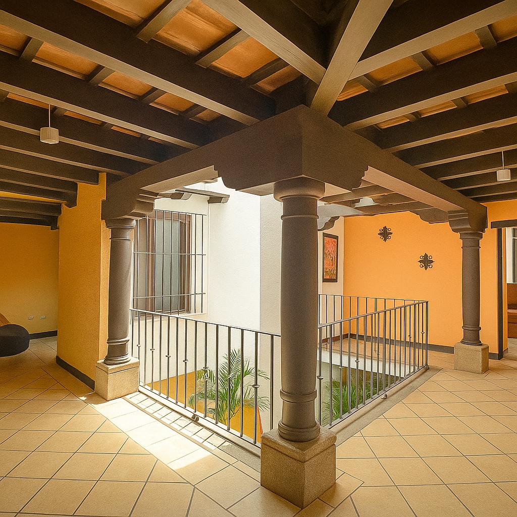 An open-air corridor is framed by sturdy columns and wooden beams, creating a spacious atmosphere. Sunlight filters through the surrounding spaces, illuminating the tiled floor. Lush greenery can be seen through the metal railing, enhancing the home's natural ambiance.