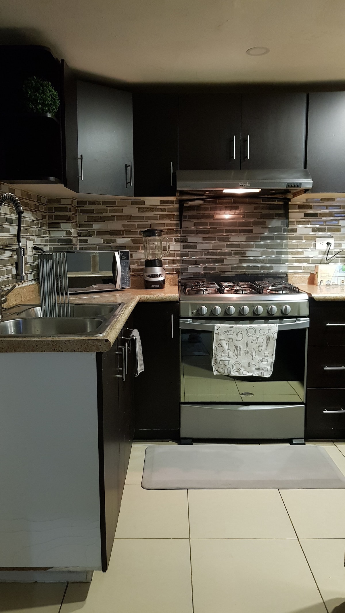 The kitchen features dark cabinetry and modern appliances, including a gas stove and microwave. A tile backsplash with varying shades complements the granite countertop. A kitchen mat is positioned in front of the sink, adding comfort to the space.