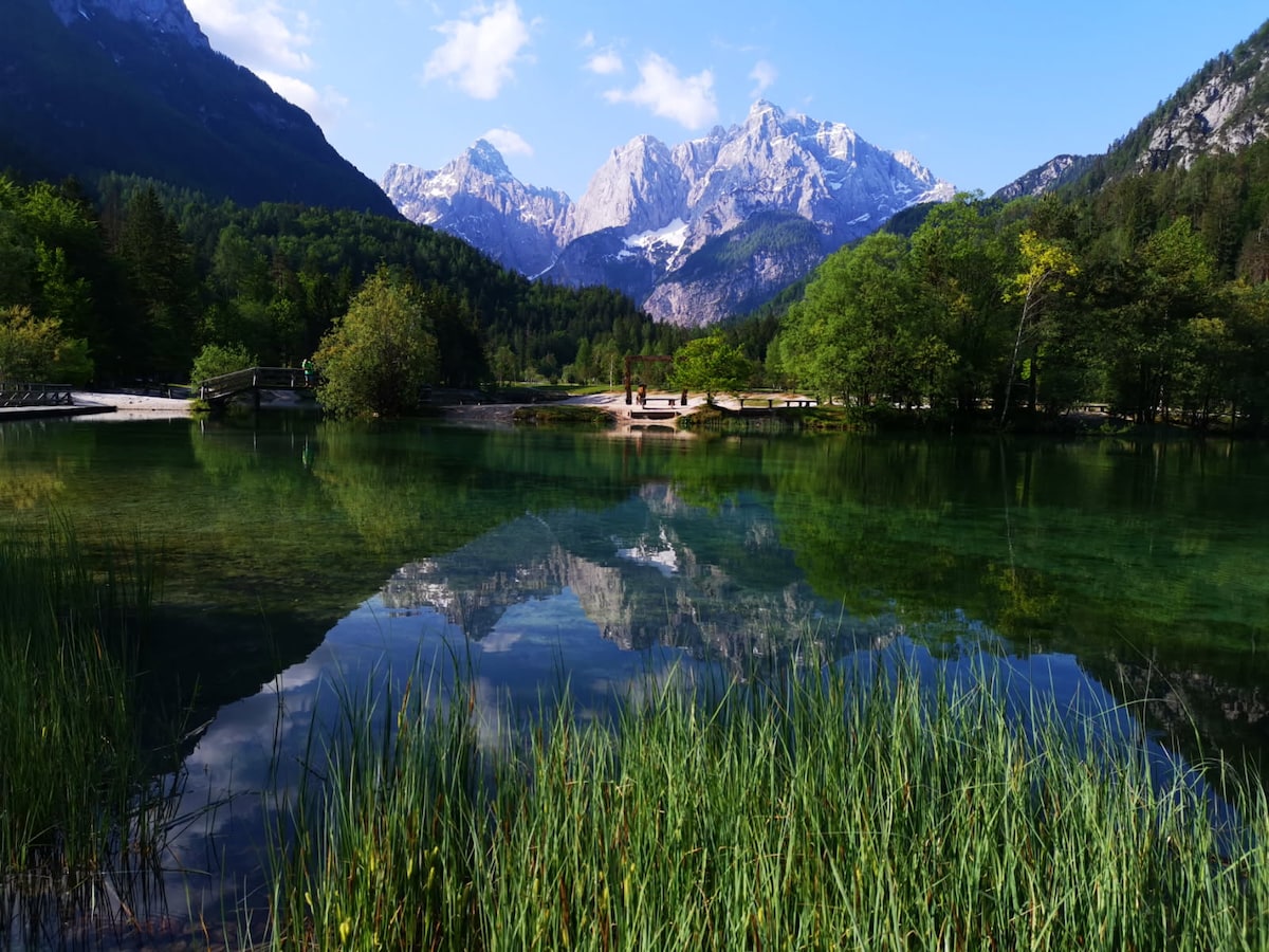 A serene lake is surrounded by lush greenery, with the reflection of majestic mountains visible on the water's surface. Scattered trees create a natural border, while a light breeze ripples the calm water. The sky is partly cloudy, allowing sunlight to illuminate the landscape.