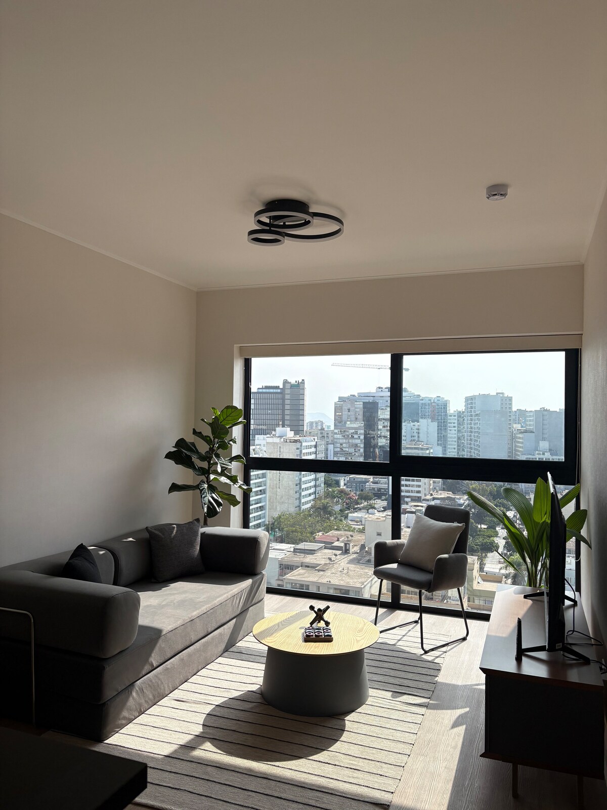 A bright living space features a comfortable gray sofa, accented by a cozy armchair. A round coffee table sits in front, while large windows provide expansive views of the cityscape. Green plants are positioned to add a touch of warmth to the room.