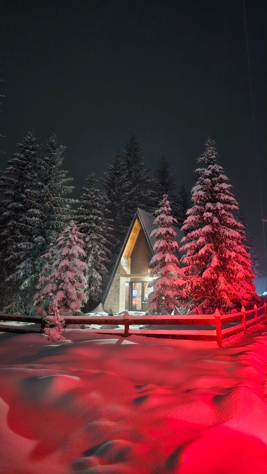 A snow-covered cabin is surrounded by tall evergreen trees, illuminated by soft red lighting. The scene captures a peaceful winter evening, with snow blanketing the ground and creating a serene atmosphere. The cabin's warm glow invites relaxation amidst the snowy landscape.