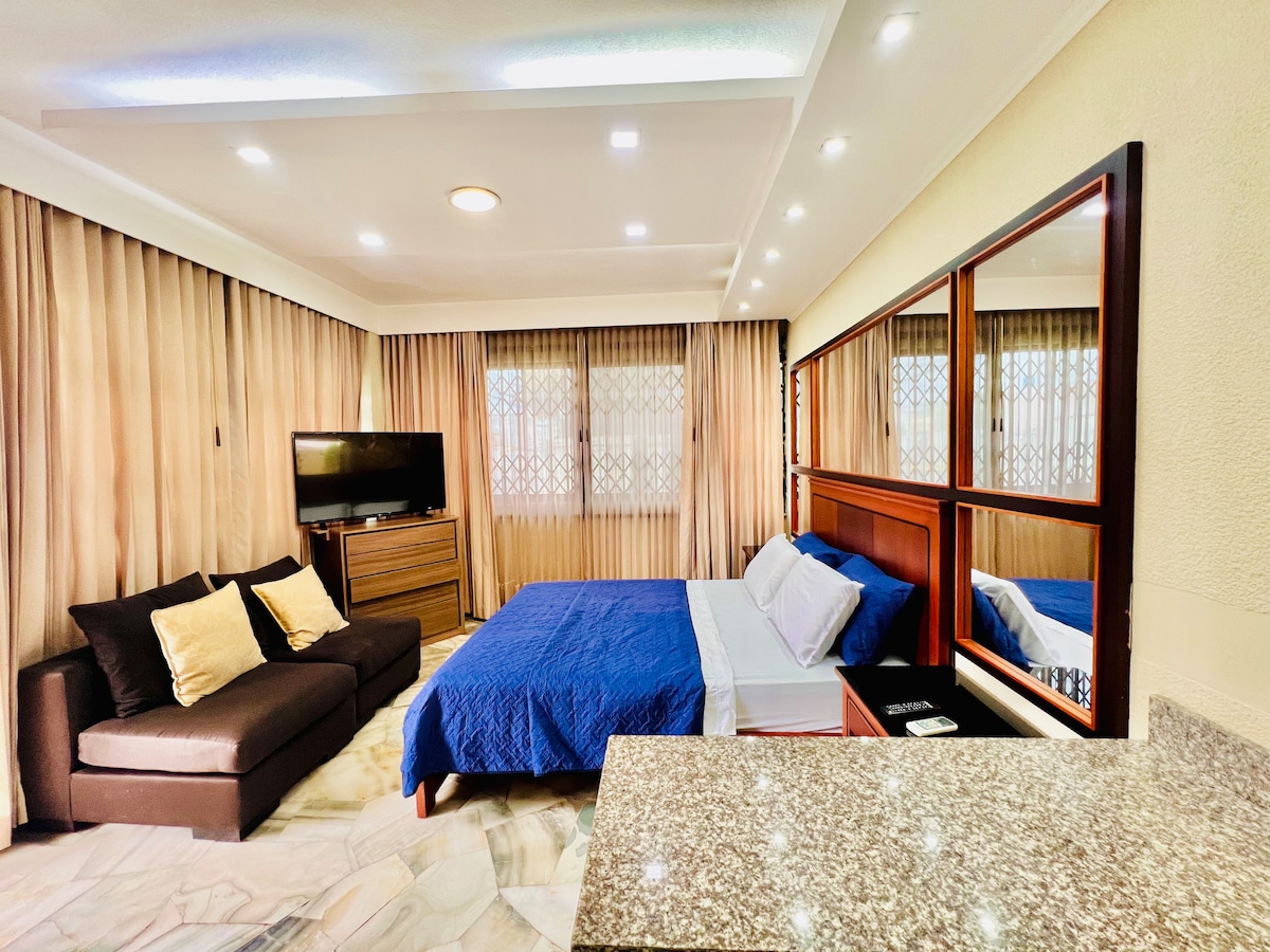 The inviting living space features a spacious bed covered with a blue blanket, accompanied by a cozy brown couch adorned with decorative cushions. A flat-screen television is positioned against the wall, and natural light enters through two curtained windows, complemented by contemporary lighting fixtures.