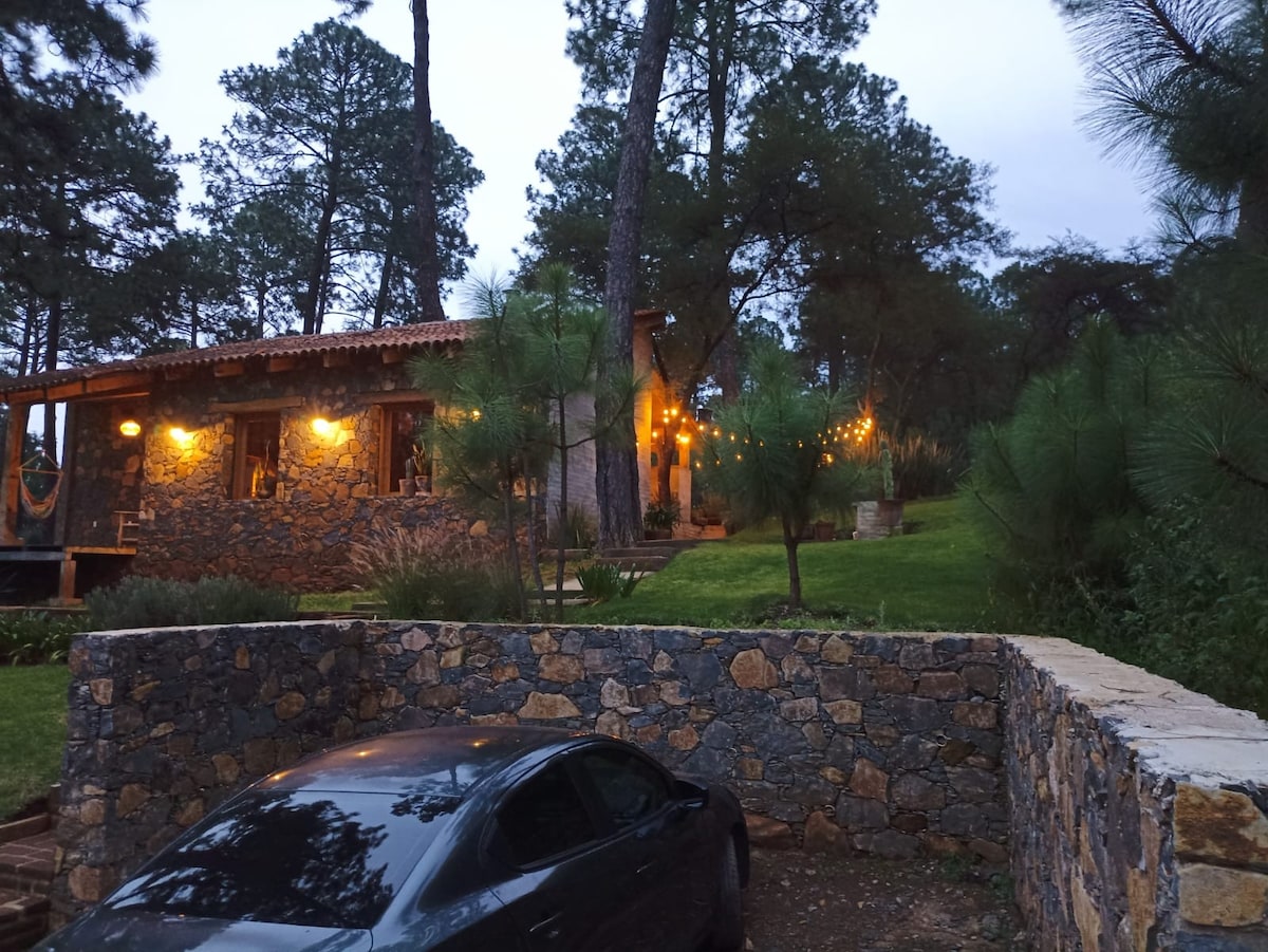 A rustic cabin with stone walls is set among towering pine trees. Soft lights illuminate the exterior, highlighting the inviting entrance. A gravel area with a parked car is visible in the foreground, blending harmoniously with the surrounding nature.