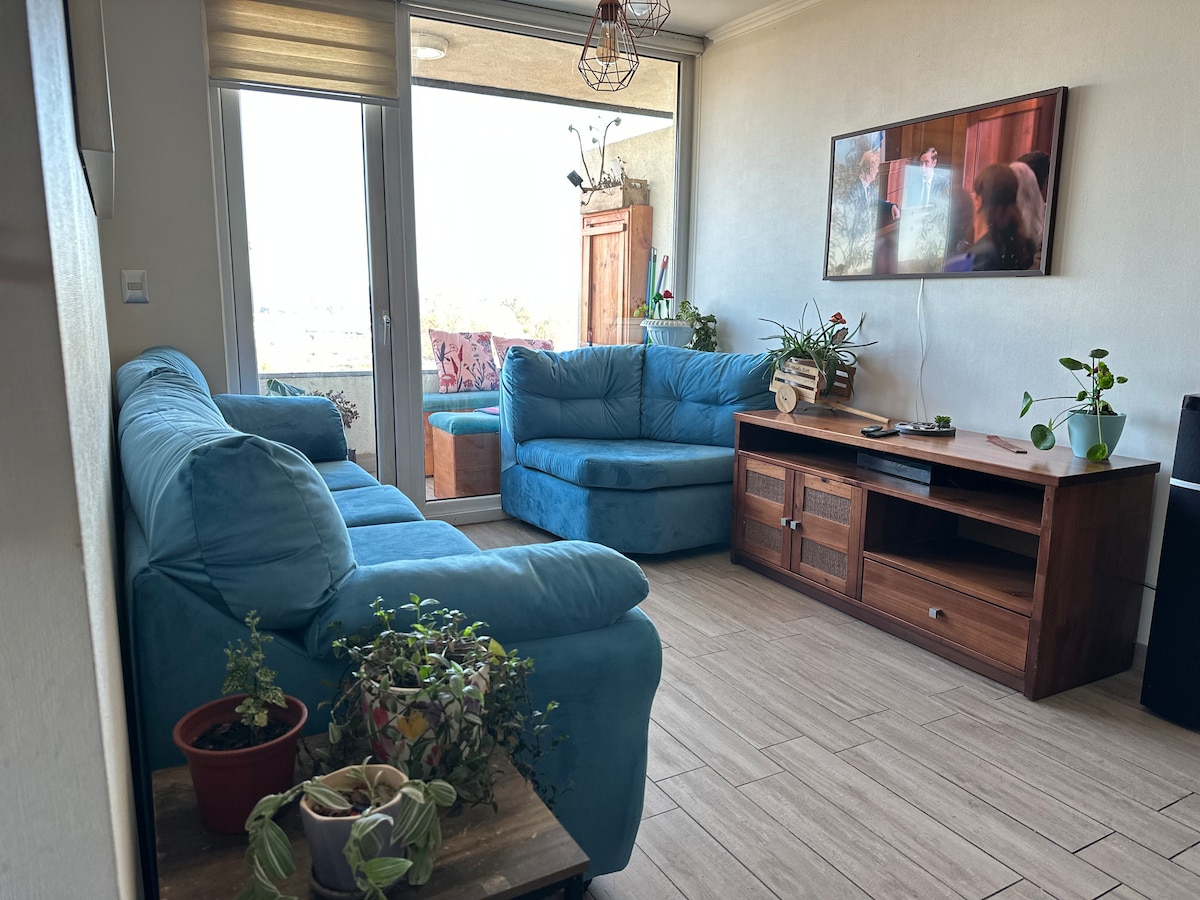 A comfortable living area features a light blue sectional sofa and a wooden TV cabinet. Various indoor plants add a touch of greenery. Natural light enters through sliding glass doors, which open to a balcony area. A flat-screen TV is mounted on the wall.