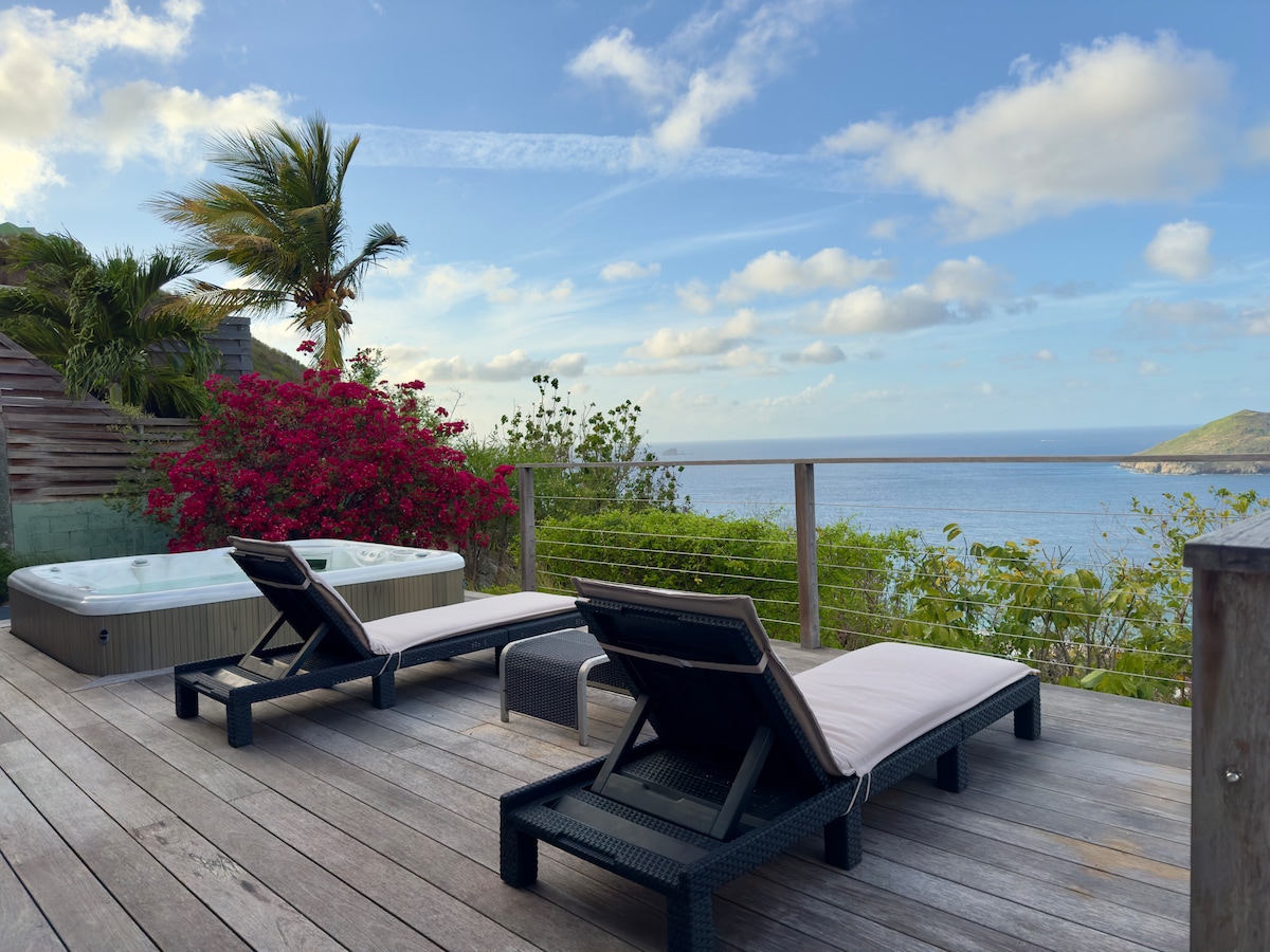 A spacious outdoor terrace is presented, featuring two lounge chairs positioned beside a heated jacuzzi. Tropical greenery and vibrant pink flowers surround the area, with a view of the serene sea in the background, under a partly cloudy sky.