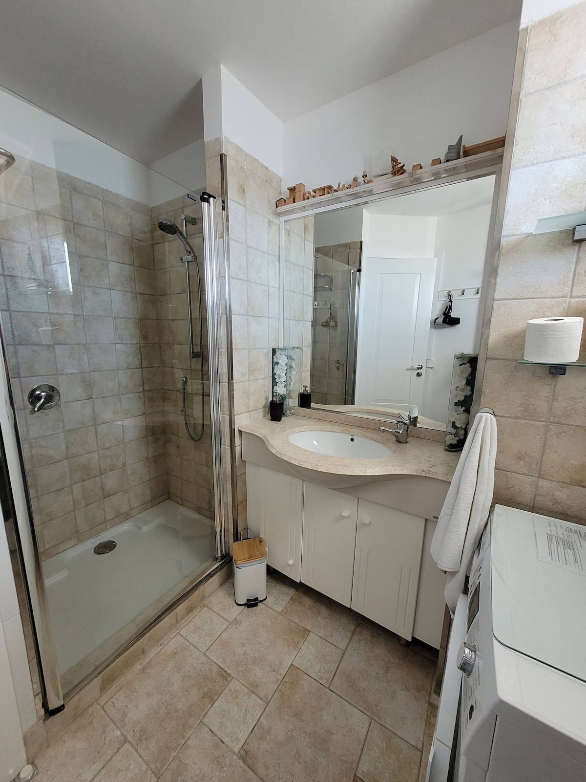 A well-lit bathroom features a walk-in shower and a modern sink area with storage below. A full-length mirror enhances the space, while light tiles create an airy ambiance. A compact washing machine is positioned near the entrance, providing convenience for guests.