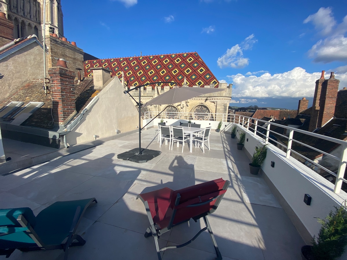 An inviting terrace is highlighted with a dining set and lounge chairs, complemented by potted plants. The view features rooftops and a distant horizon under a blue sky with scattered clouds, while architectural details of nearby buildings are accentuated.