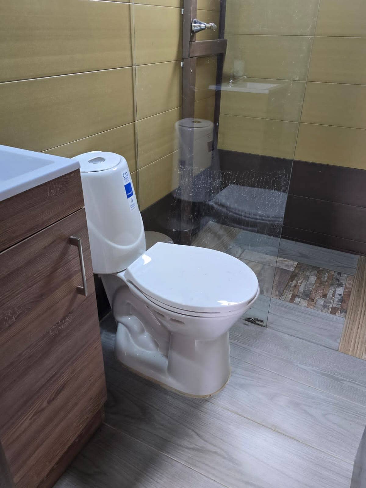 A modern bathroom features a sleek white toilet alongside a wooden vanity with a sink. The shower area is enclosed in glass, and light-colored tiles create a clean and spacious feel.