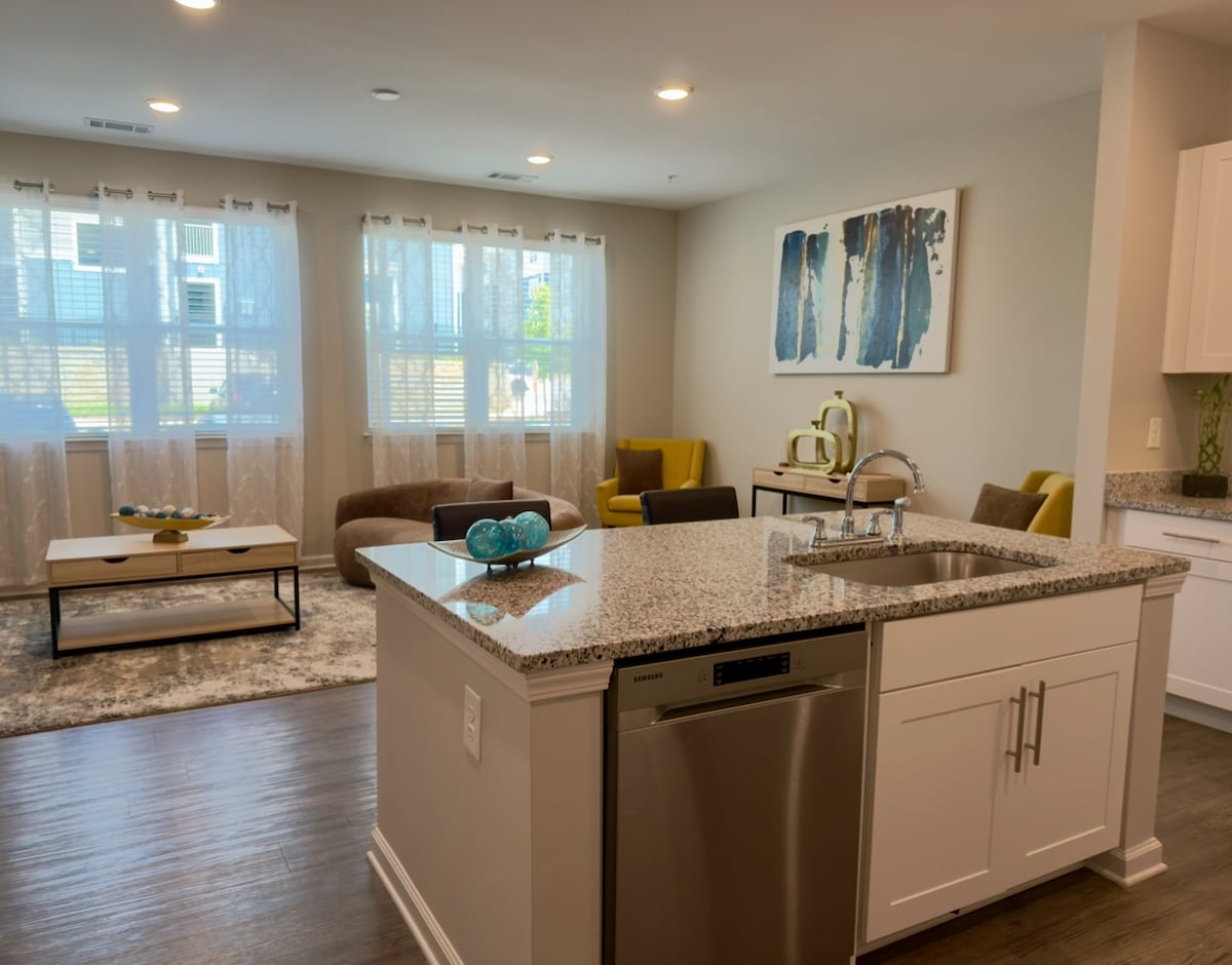 A modern kitchen island is complemented by sleek appliances and a granite countertop, with a view of a stylish living area. Natural light filters through sheer curtains, illuminating a seating arrangement that includes comfortable chairs and a coffee table on a plush area rug.