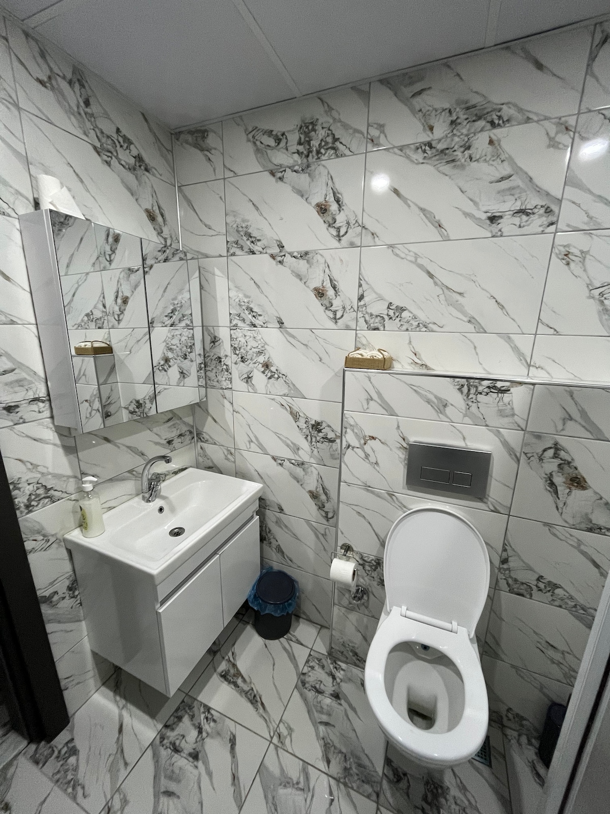 A modern bathroom features elegant marble tiles on the walls and floor. A sleek white sink with a mirror is positioned above cabinetry, while a toilet is located beside it. Functional fixtures are evident, complementing the contemporary design of the space.