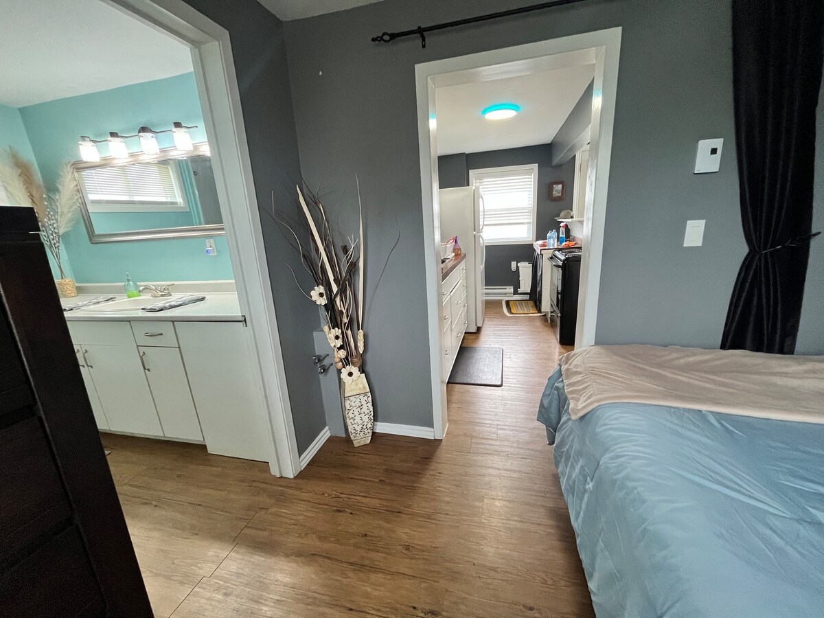 Спалня до кухня, завеса за поверителност. Входът към банята е през тази спалня 