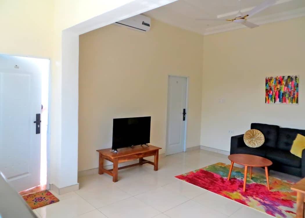An inviting living area showcases a black sofa with a decorative cushion, a wooden coffee table, and a flat-screen TV on a wooden stand. A brightly colored rug adds a pop of color to the tiled floor. Natural light floods in from the doorway.