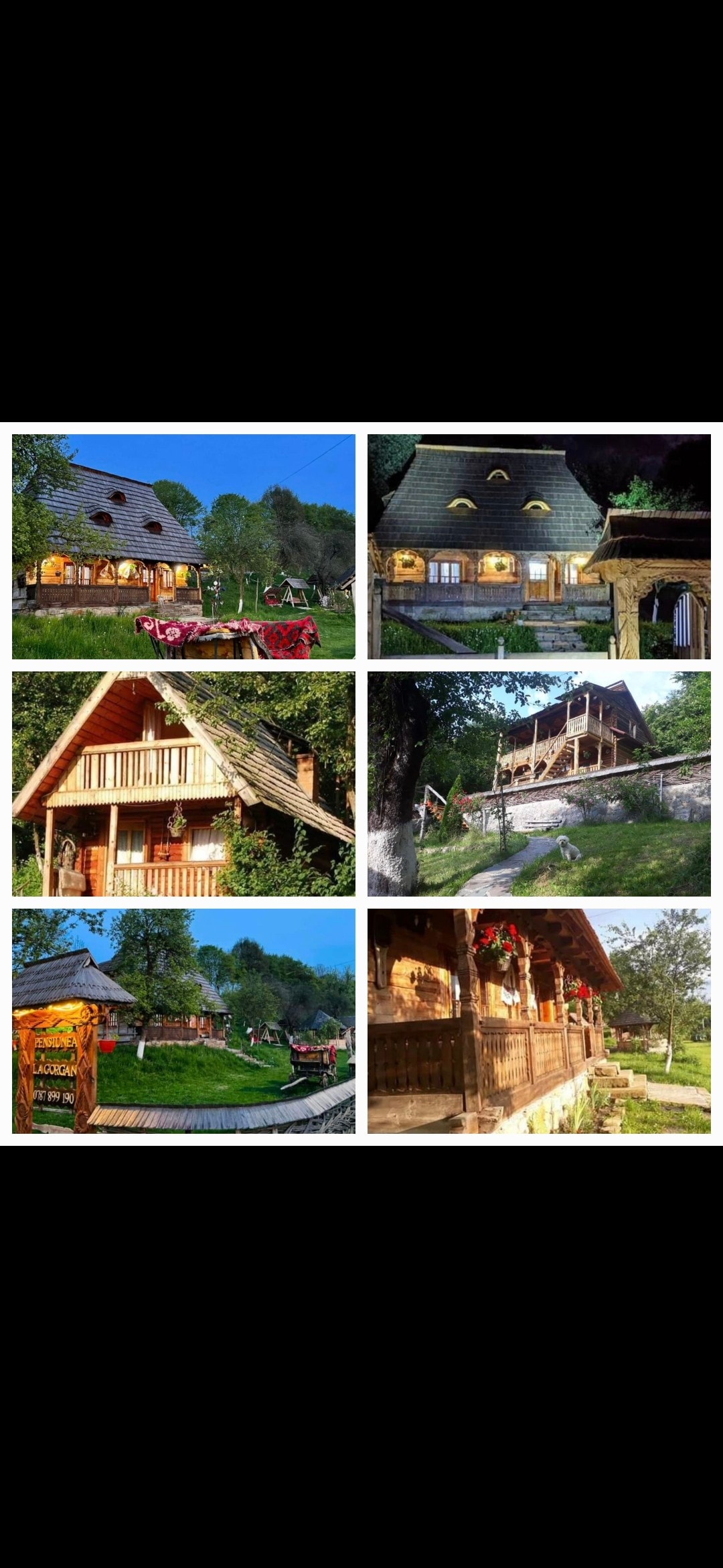 Multiple images of cozy accommodations highlight wooden architecture, surrounded by lush greenery. Scenic outdoor areas with shaded seating and gardens provide a serene setting. Various angles of the buildings showcase inviting entrances and the harmonious blend with nature.