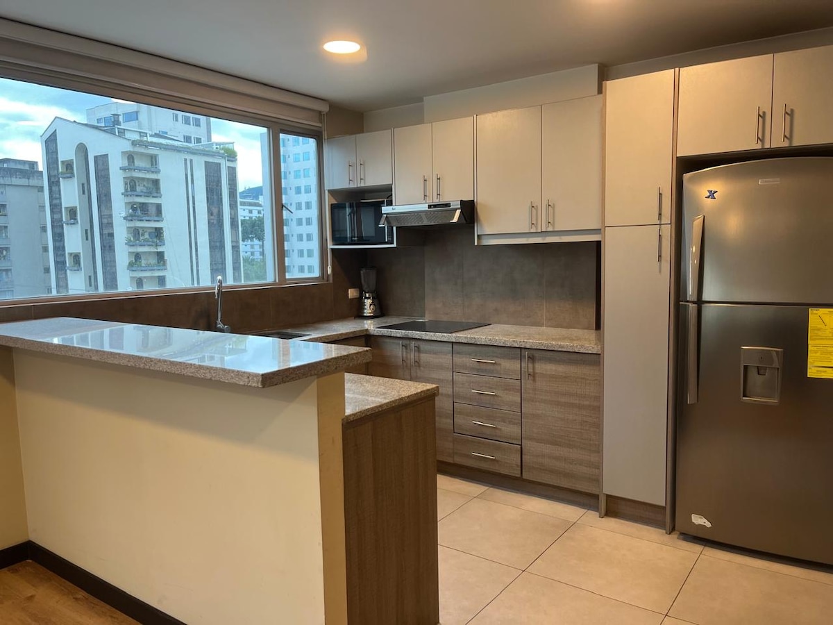 A modern kitchen space features sleek cabinetry and stainless steel appliances. A counter with bar seating provides a functional area for meal preparation. Natural light fills the room through large windows, offering a view of the cityscape.