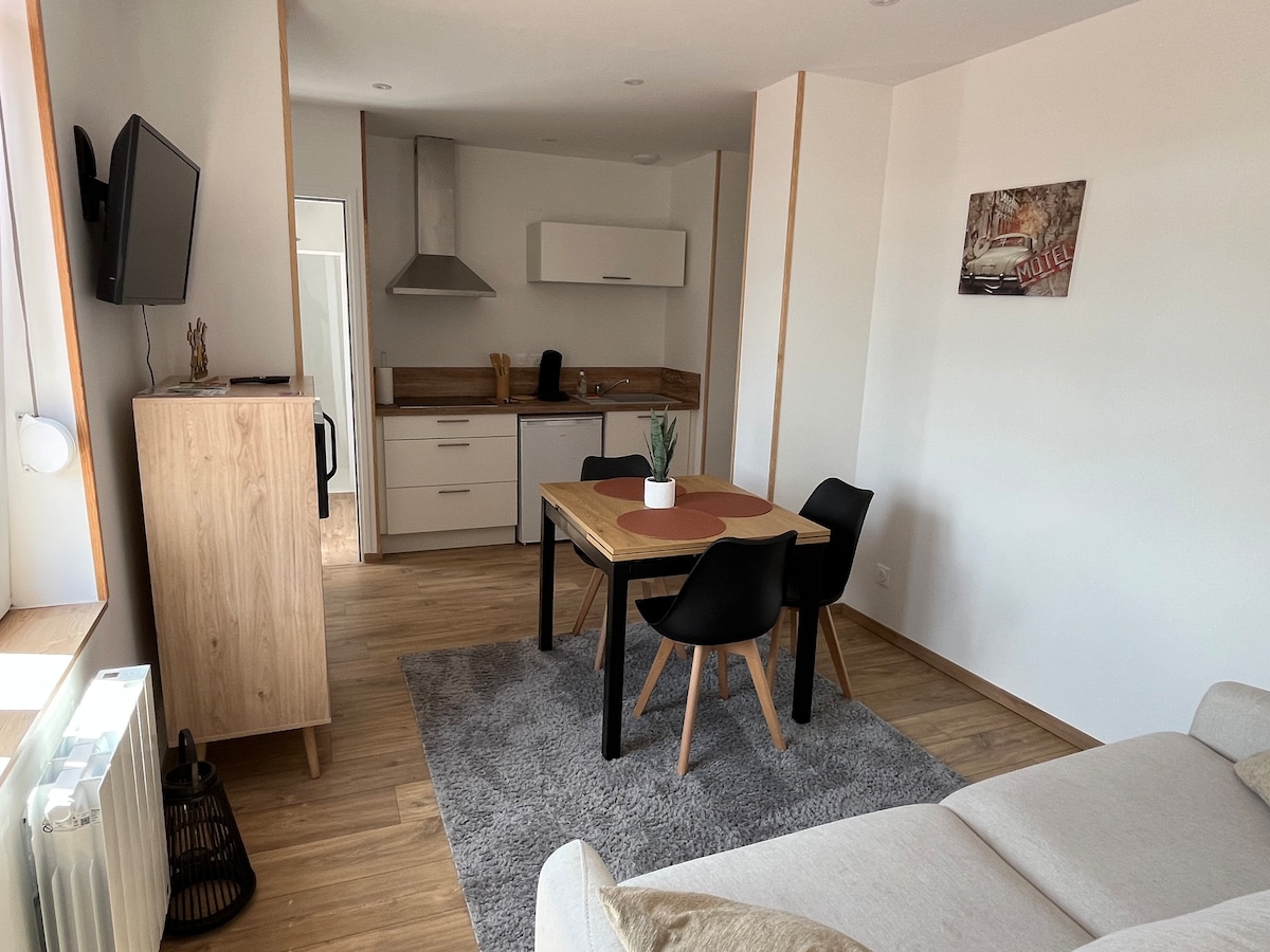 An open-plan living area displays a modern kitchenette with sleek cabinetry and an island. A wooden dining table with four chairs is set on a plush gray rug, while a cozy sofa and wall-mounted television enhance the inviting space. Natural light brightens the area through large windows.