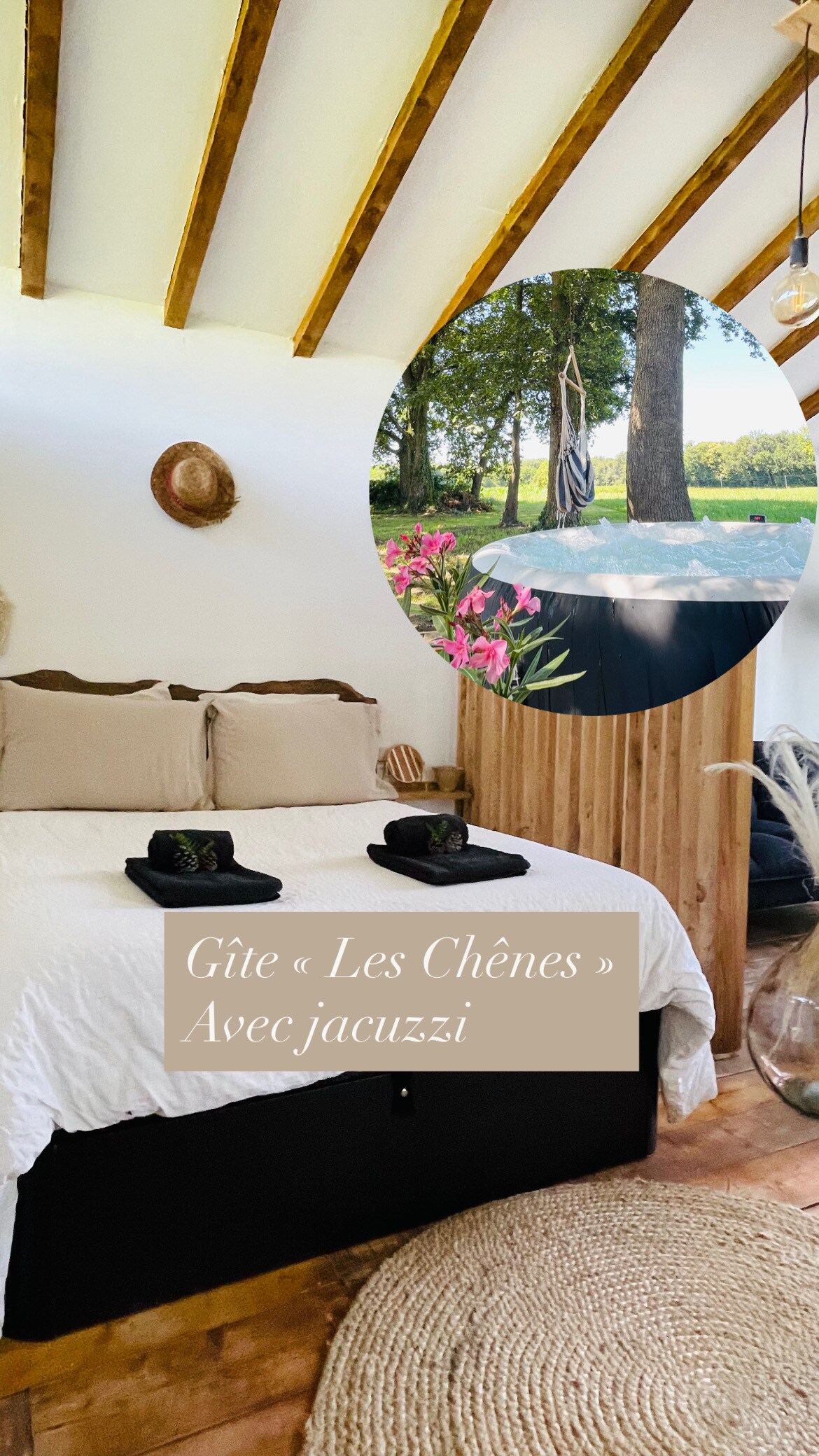 A unique bedroom features a spacious bed with neutral linens and decorative cushions. Above, wooden beams highlight the ceiling. A jacuzzi area is visible in the inset image, surrounded by greenery and flowers. Natural light enhances the serene ambiance of the space.