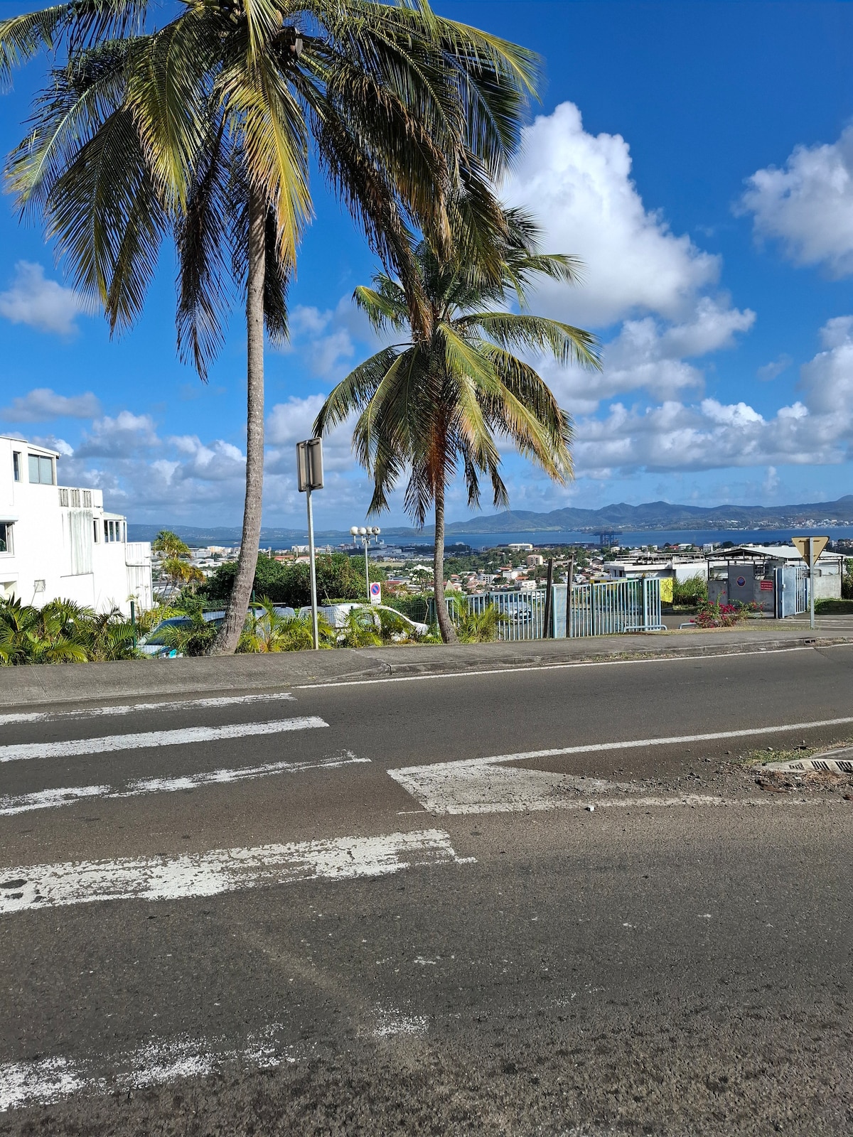 Palm trees sway alongside a roadway, with a picturesque view of distant mountains and a blue sky filled with scattered clouds. A nearby gate is visible, leading into a residential area, creating an inviting atmosphere of nature and landscape.