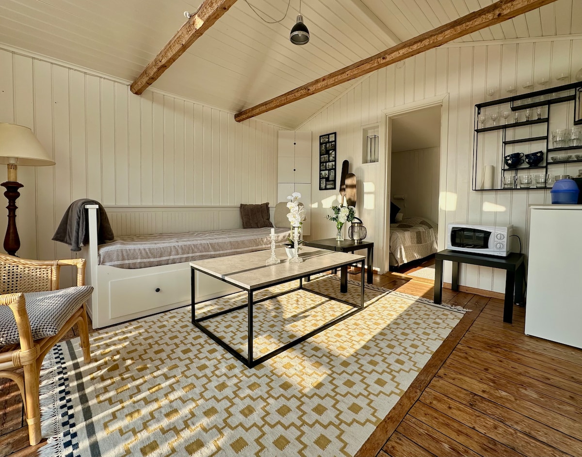 The living area features a well-lit space with wooden beams overhead. A daybed is positioned against the wall, complemented by a coffee table in the center. A textured rug lies beneath, and soft furnishings are present. The room is part of an open layout connecting to a separate bedroom.