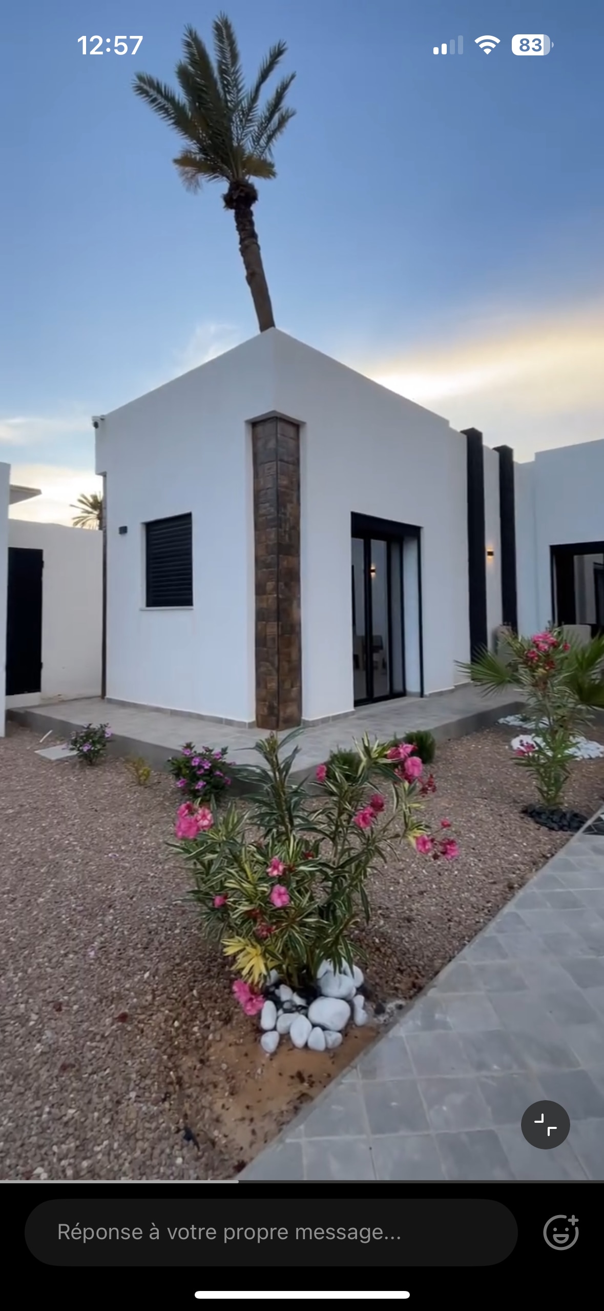 A modern, white structure with a unique angular roof is depicted, framed by lush greenery and vibrant flowering plants. Smooth stones line the flowerbeds, and clear glass doors offer a view of the interior, while a palm tree stands elegantly next to the building.
