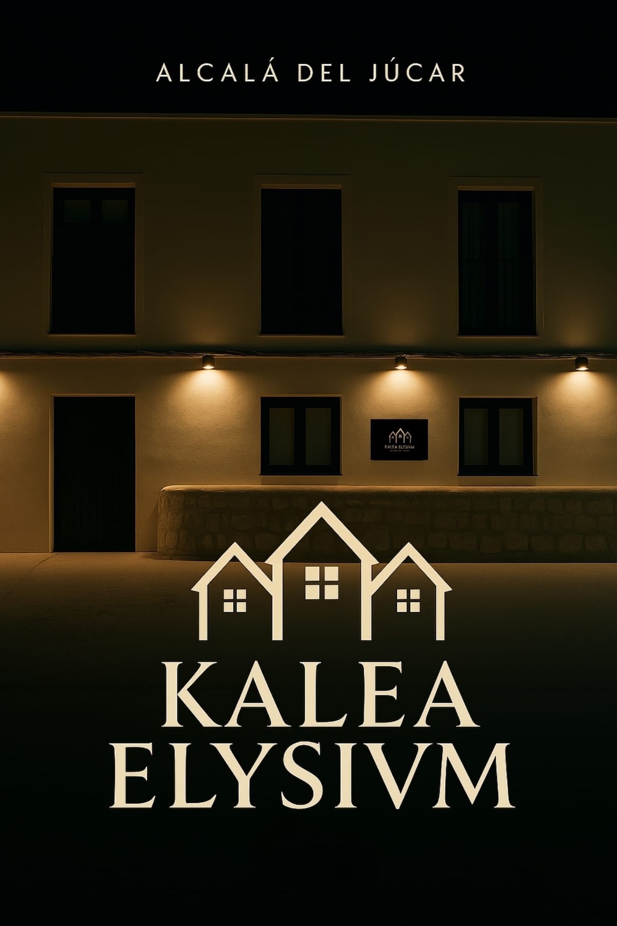 The building's exterior is elegantly illuminated, featuring a large sign that reads 'KALEA ELYSIVM.' Soft lighting accentuates the architectural details, while symmetrical windows provide a balanced appearance. A stone facade adds texture, contributing to a welcoming ambiance in the evening setting.