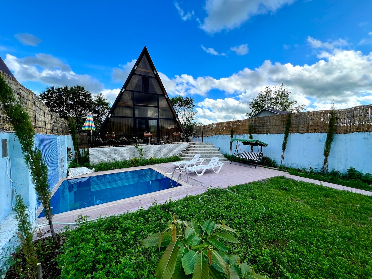A modern A-frame structure stands surrounded by green grass and neatly arranged plants. A swimming pool is centrally located, accompanied by lounge chairs and a shaded swing area. The sky displays a mix of clouds and blue, contributing to the serene outdoor atmosphere.