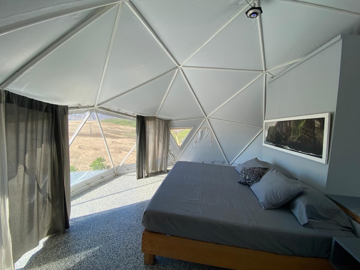A geodesic dome features a spacious sleeping area with a large bed covered in neutral bedding. Floor-to-ceiling windows provide views of the surrounding nature, while light curtains softly filter sunlight. A small bedside table is present, and a minimalist decor highlights the room's simplicity.