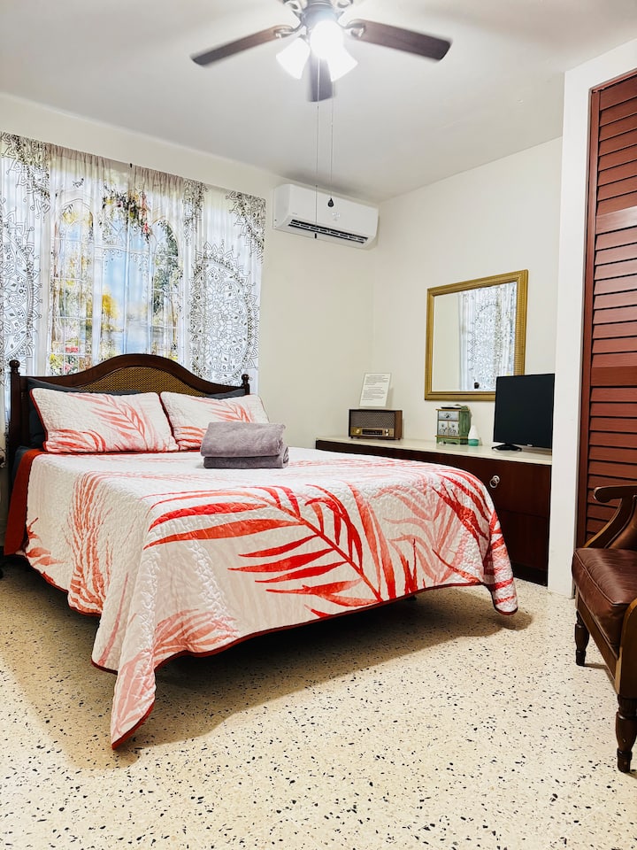 Cama tamaño queen en el dormitorio principal con aire acondicionado y TV