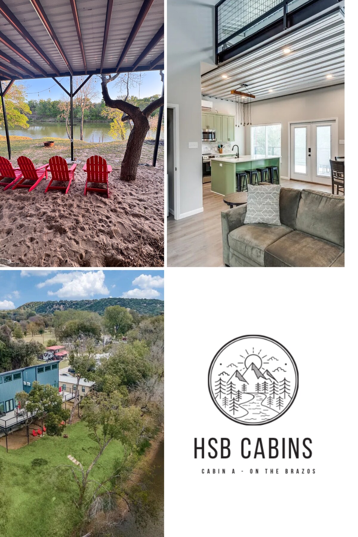 A spacious outdoor area features several Adirondack chairs set on sandy terrain, providing a view of the river. A tree extends nearby, offering natural shade. The modern cabin interior is visible through large windows, showcasing the open design and connection to the scenic surroundings.