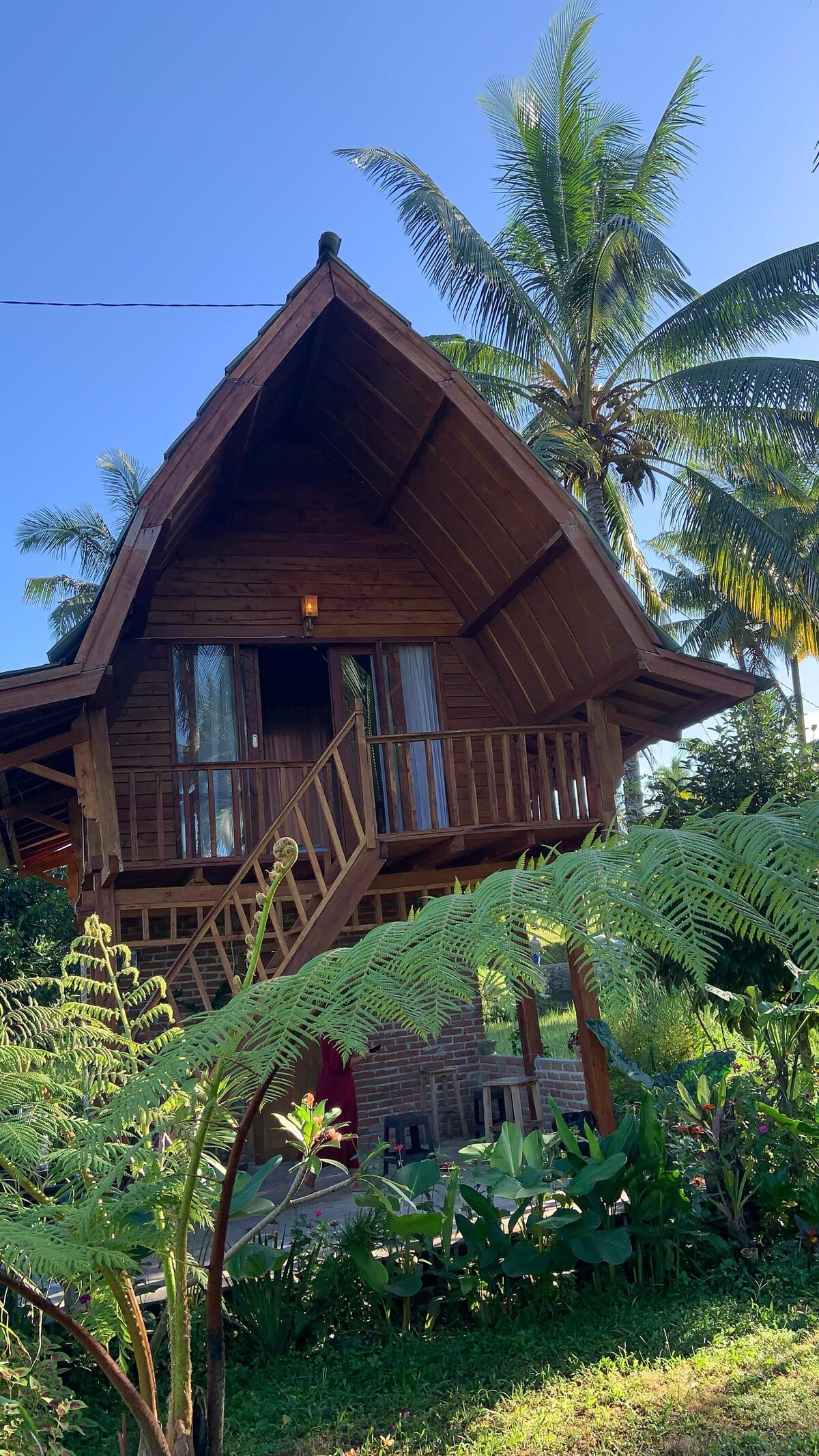 A traditional wooden house stands elevated on stilts, surrounded by lush greenery. The structure features a peaked roof and a staircase leading to the entrance. Tall palm trees frame the house, with various tropical plants adorning the ground area.