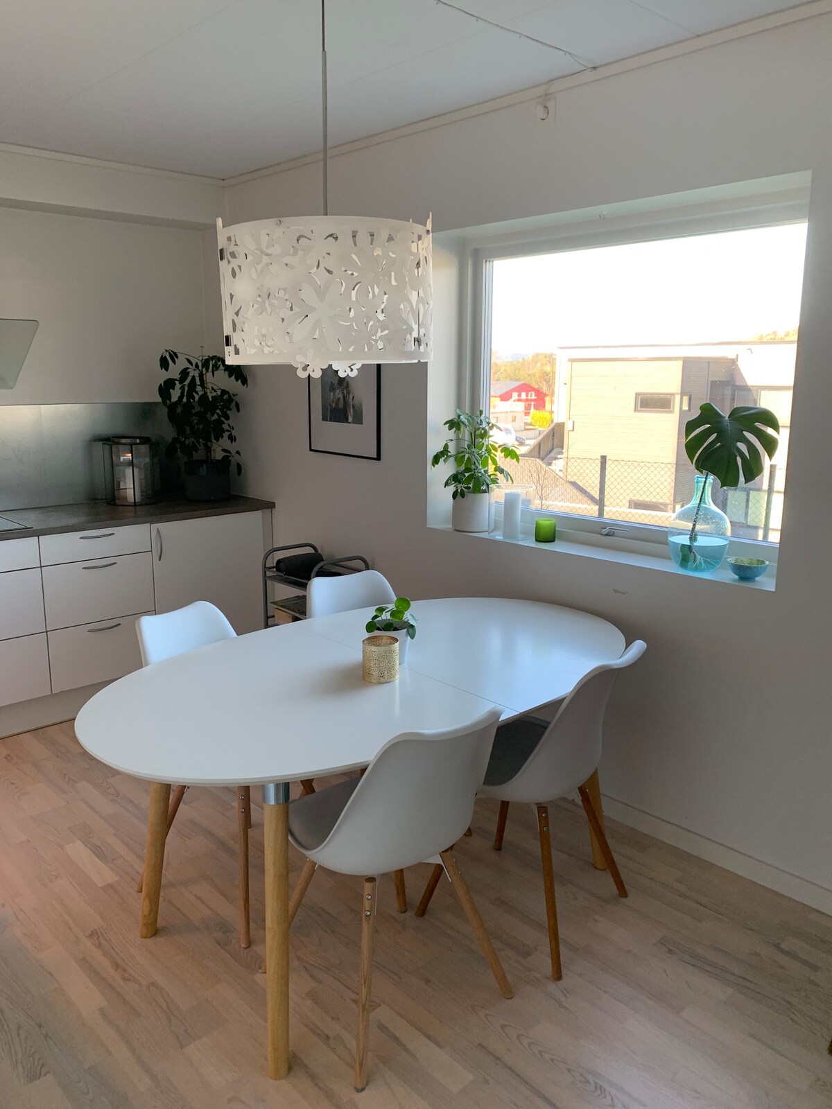 A bright dining area features a white oval table surrounded by four chairs, two with wooden legs. A pendant light hangs above the table, illuminating the space. A window provides natural light, with green plants positioned on the sill, complementing the room's fresh atmosphere.