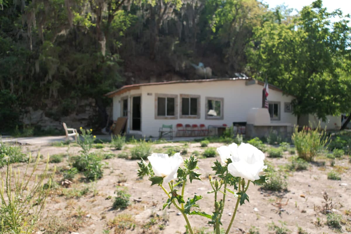 A simple white house is situated against a rocky hillside, surrounded by green foliage. White flowers bloom in the foreground. Multiple large windows provide natural light to the interior. Chairs are placed outside, creating an inviting space for relaxation.