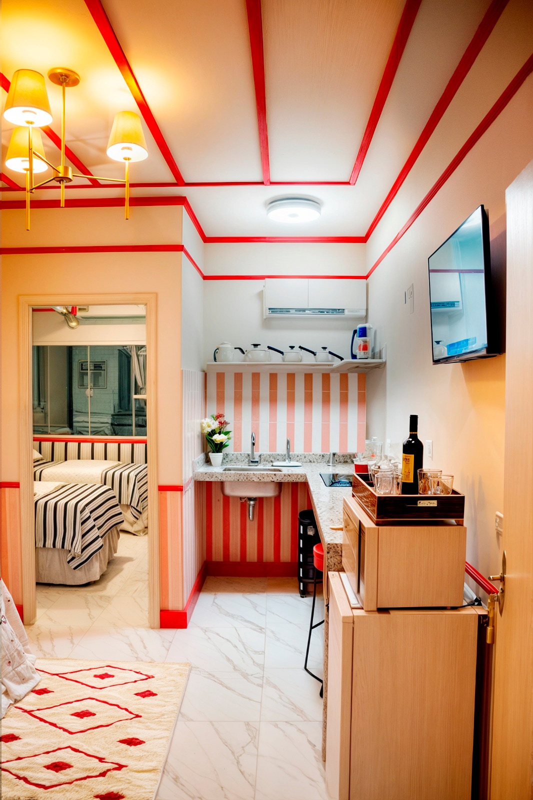 A modern kitchenette features a compact layout with red striped walls. A small sink, various dishes, and stainless steel appliances are visible. The space includes a stylish rug and a decorative wooden cabinet, while a doorway leads to a bedroom beyond.