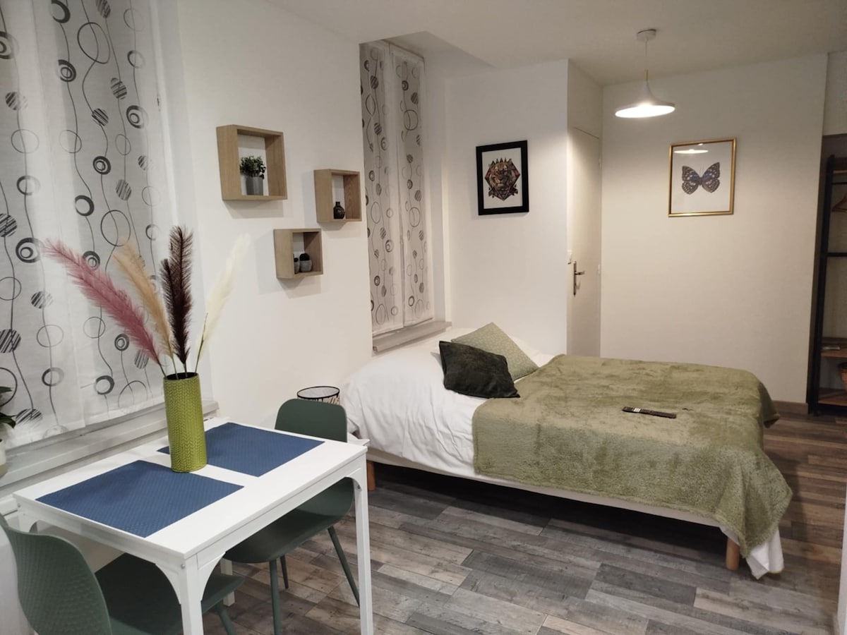A studio space is presented with a neatly made bed covered in a green throw. A small table with blue placemats is paired with green chairs. Nearby, wall-mounted shelves feature decorative items. Natural light filters through patterned curtains, adding a soft glow to the room.