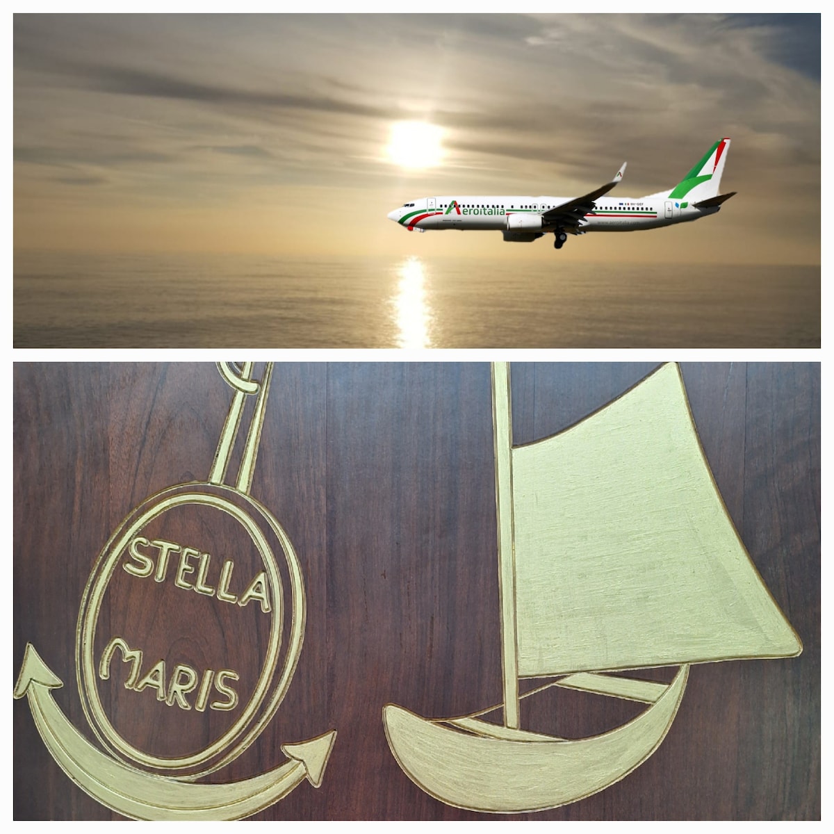 The top image features an airplane soaring through a cloudy sky with the sun setting on the horizon. The bottom image displays a wooden panel with a nautical design, showcasing a boat silhouette and the text 'STELLA MARIS' elegantly carved and highlighted in gold.