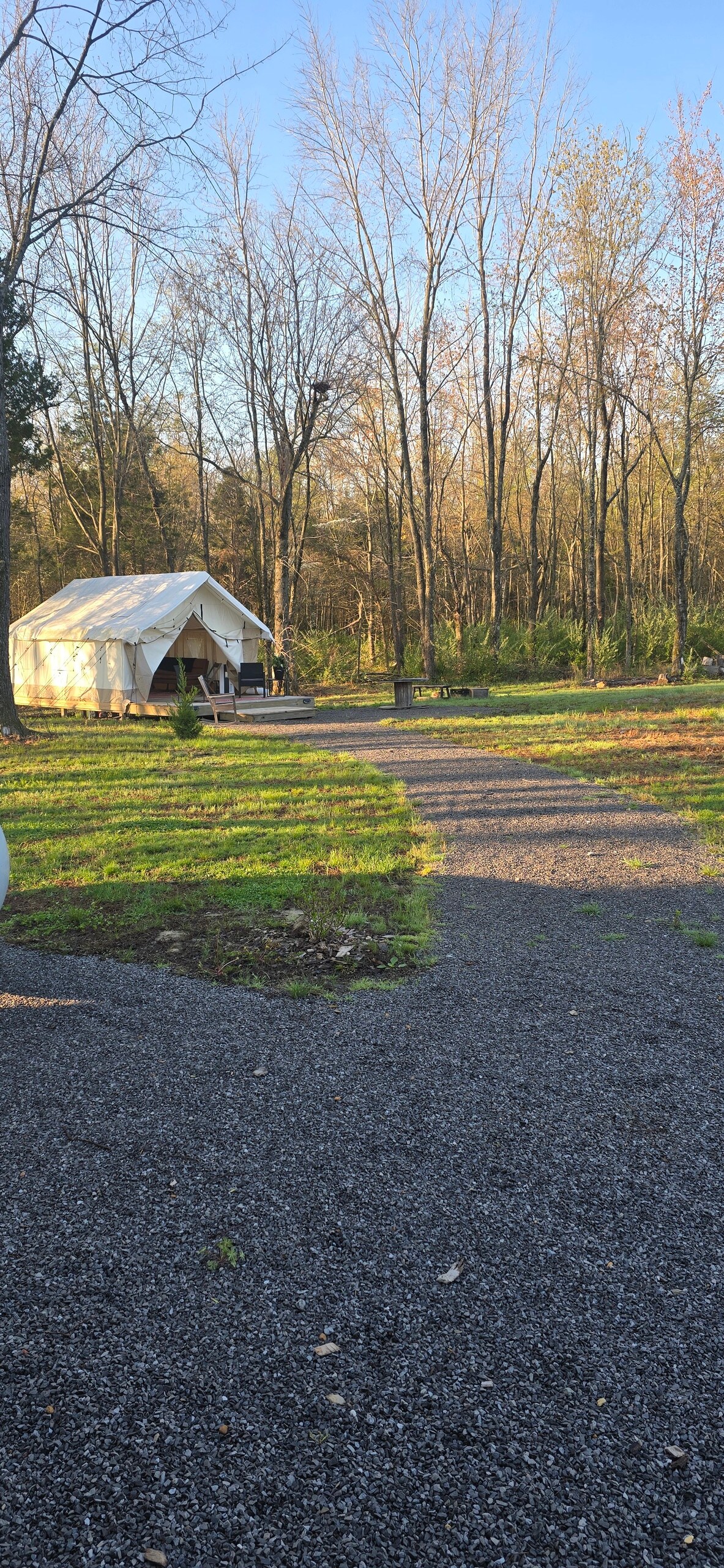 An outfitter tent is nestled among trees in a natural setting. A gravel pathway leads to the tent, illuminating the grassy area surrounding it. The scene captures a serene outdoor atmosphere with soft sunlight filtering through the branches.