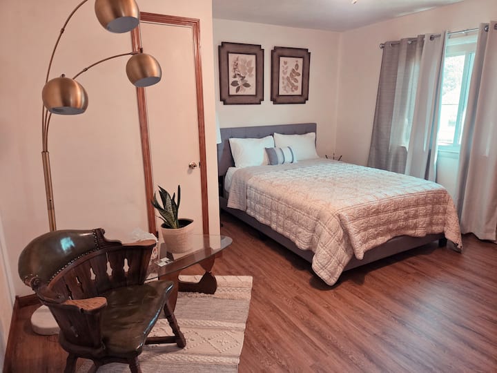 ที่นอน Serta พัดลมเพดานและอีกอันตั้งอยู่ในตู้เสื้อผ้า ห้องนี้ยังมีทีวี 32 นิ้วพร้อม Roku ให้ใช้งาน (อยู่ในตู้เสื้อผ้า)