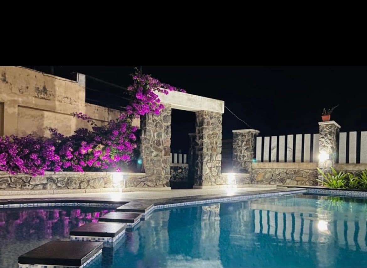 A serene swimming pool area is illuminated at night, reflecting soft water hues. Stone features and vibrant purple flowers enhance the ambiance, while gentle lighting casts a warm glow around the space. The surrounding layout provides a relaxing atmosphere for guests to enjoy.