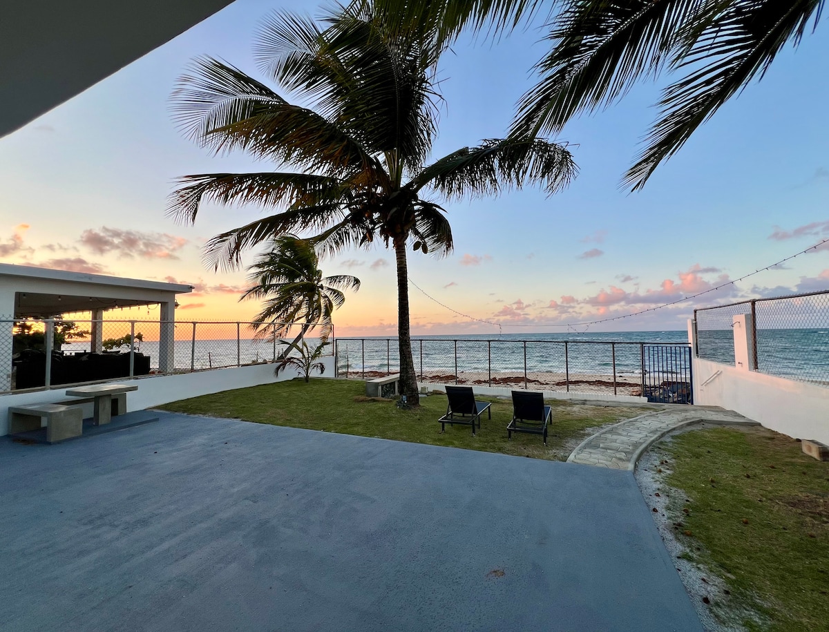An outdoor area offers a view of the ocean, framed by palm trees swaying gently in the breeze. Two lounge chairs are positioned on the grassy space, with a pathway leading to a calm shoreline. The sky transitions into soft hues as the sun sets in the background.