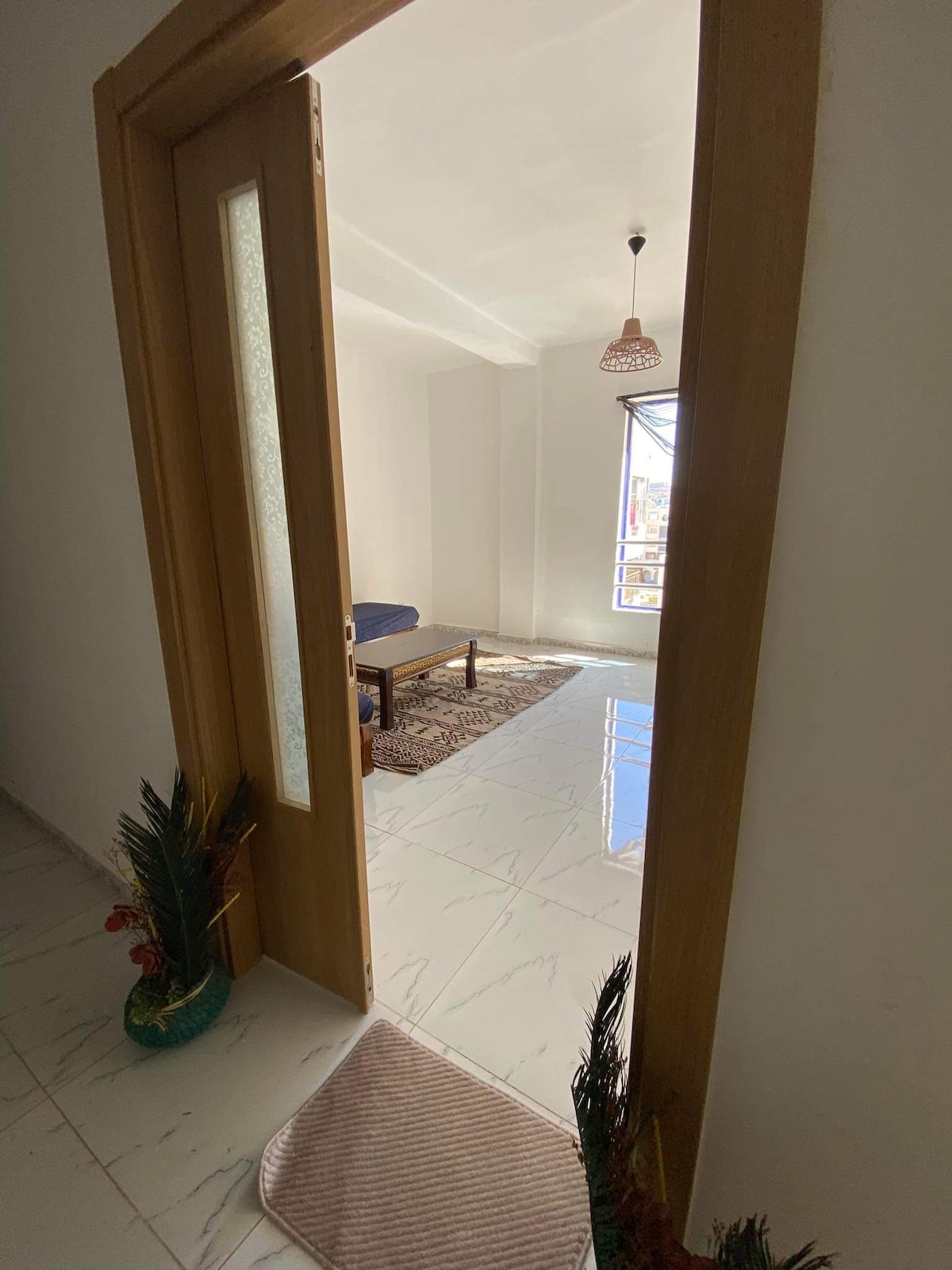 An entryway is viewed through a partially open door, leading to a bright living area illuminated by natural light. A low table is positioned on a patterned rug, while a window showcases the outdoor view. Decorative plants are placed near the entrance.
